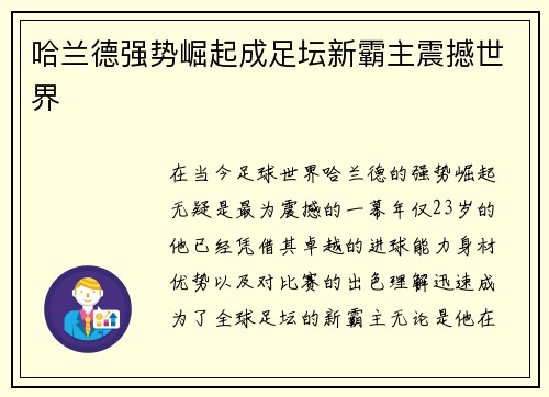 哈兰德强势崛起成足坛新霸主震撼世界