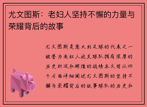 尤文图斯：老妇人坚持不懈的力量与荣耀背后的故事