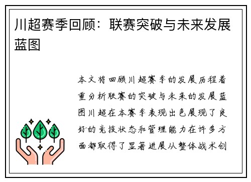 川超赛季回顾:联赛突破与未来发展蓝图 川超赛季回顾:联赛突破与未来发展蓝图