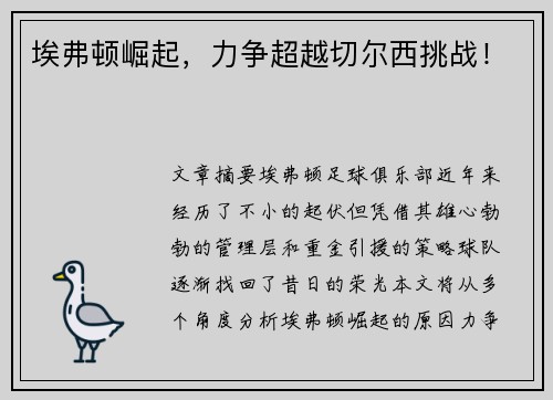 埃弗顿崛起，力争超越切尔西挑战！