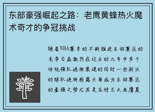东部豪强崛起之路:老鹰黄蜂热火魔术奇才的争冠挑战 东部豪强崛起之路:老鹰黄蜂热火魔术奇才的争冠挑战